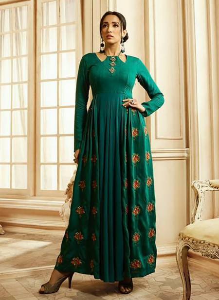 Teal Green Colour Stylish Gown Designer Party Wear Pure Rayon Cotton Fancy Long Kurti Collection 1006